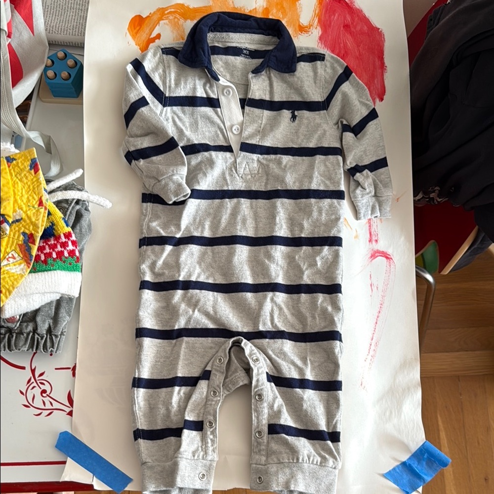 Ralph Lauren Striped Gray and Navy Baby Romper 9M